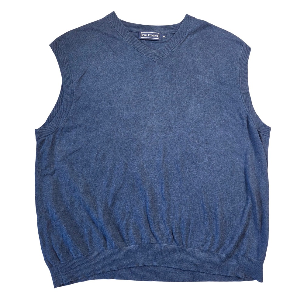 Paul Fredrick Men V Neck Sweater Vest Blue Silk Cotton Cashmere Blend XXL Career